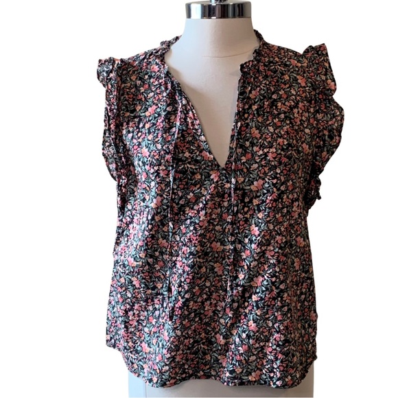 BB DAKOTA Floral Blouse Size XL Sleeveless Ruffle Split Neck - Picture 1 of 12